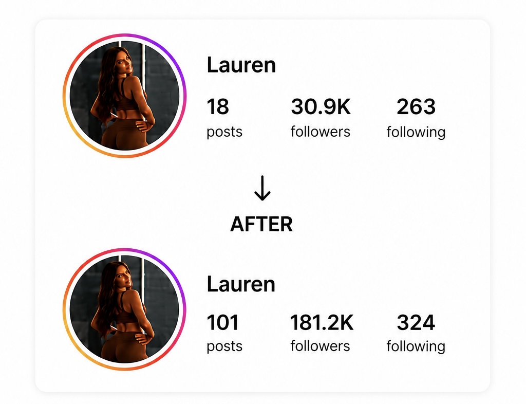 Lauren's Instagram before and after: 30.9K to 181.2K followers