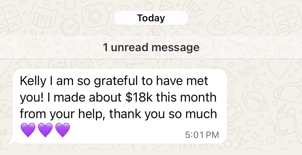 Message from a student saying they made $18k in a month